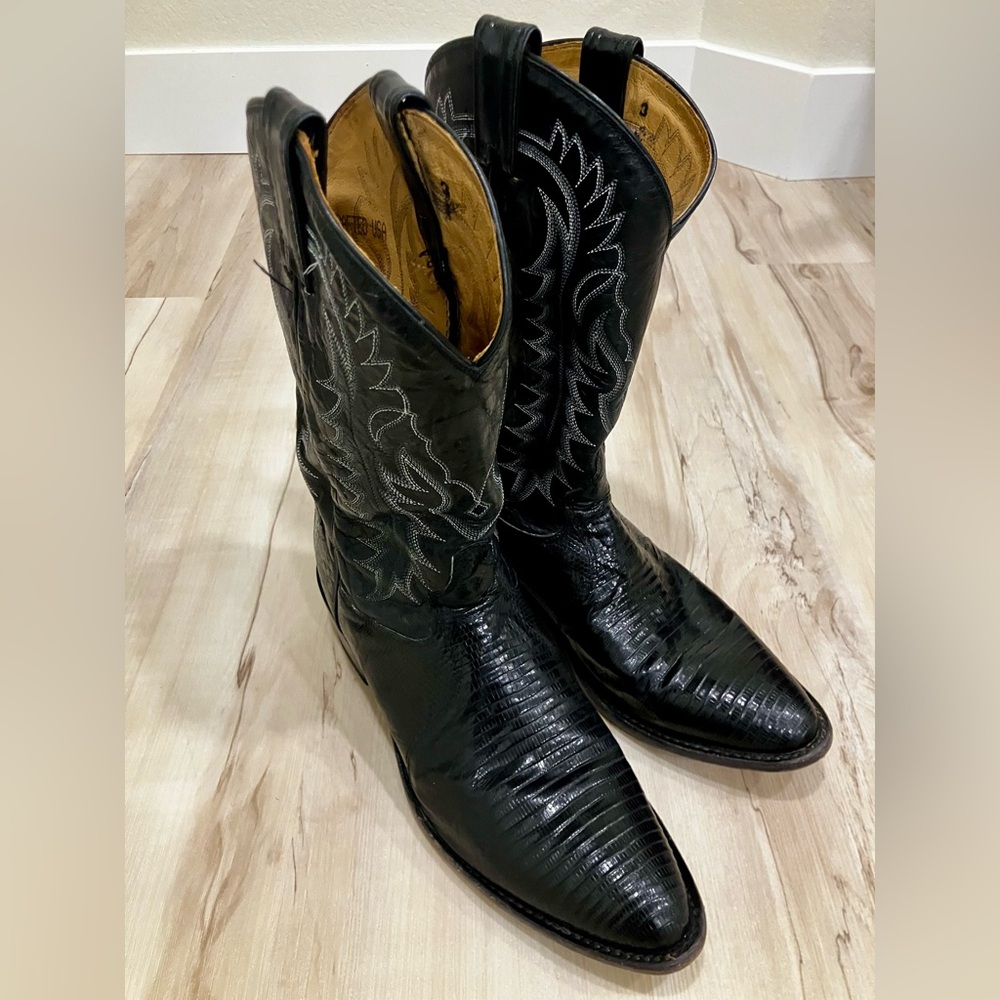 Tony Lama Black 13” Teju Lizard & Leather Cowboy Boots - Model Y2061